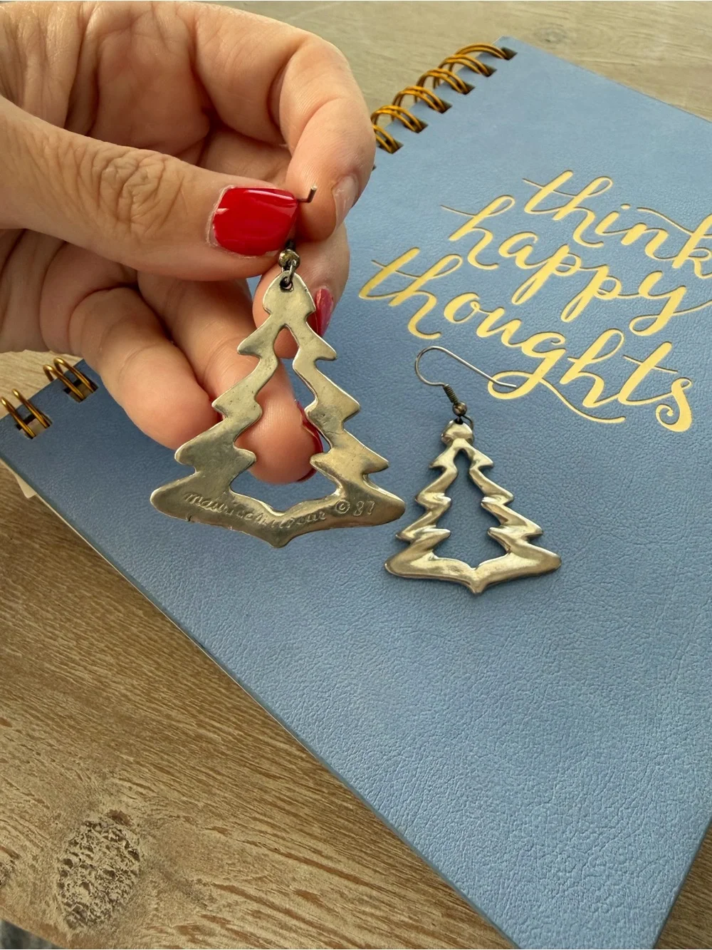 Vintage Maurice Milleur Zig Tree Earrings Pewter Christmas Tree Dangle ©91